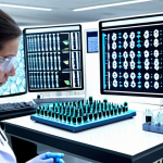**Quantum Drug Discovery:** A futuristic pharmaceutical lab, with a quantum computer in the background, scientists examining holographic molecular structures of a potential Alzheimer's drug. Focus on innovation and speed in drug development.