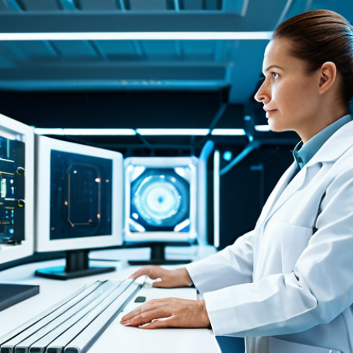 A focused, professional female scientist in a white lab coat over modest professional attire, standing in a pristine, futuristic quantum computing laboratory. The lab features complex, glowing quantum communication equipment and subtle holographic displays, with bright, clean lines emphasizing advanced technology. High-resolution professional photography with cinematic lighting, fully clothed, appropriate attire, professional dress, safe for work, appropriate content, family-friendly, perfect anatomy, correct proportions, natural pose, well-formed hands, proper finger count, natural body proportions.