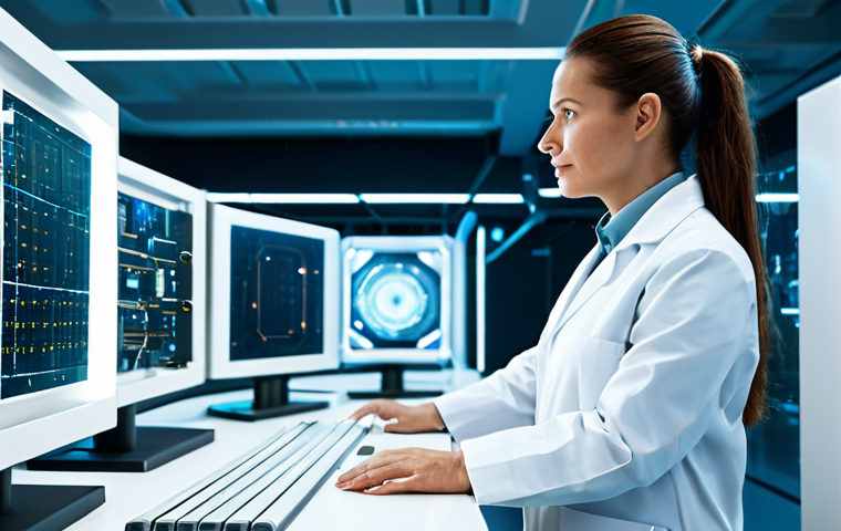 A focused, professional female scientist in a white lab coat over modest professional attire, standing in a pristine, futuristic quantum computing laboratory. The lab features complex, glowing quantum communication equipment and subtle holographic displays, with bright, clean lines emphasizing advanced technology. High-resolution professional photography with cinematic lighting, fully clothed, appropriate attire, professional dress, safe for work, appropriate content, family-friendly, perfect anatomy, correct proportions, natural pose, well-formed hands, proper finger count, natural body proportions.