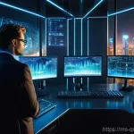 양자 컴퓨팅의 통신 기술 응용 - **Quantum Encrypted Future:** A vibrant, futuristic cityscape at twilight, with sleek, interconnecte...