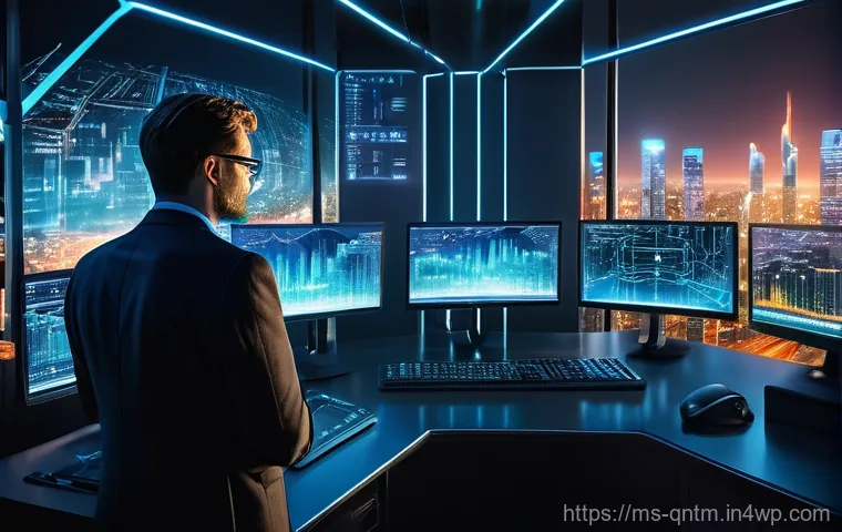 양자 컴퓨팅의 통신 기술 응용 - **Quantum Encrypted Future:** A vibrant, futuristic cityscape at twilight, with sleek, interconnecte...