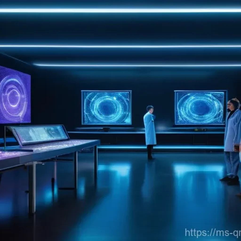 양자 컴퓨터를 이용한 데이터 분석 방법 - **Quantum Data Discovery Lab:** A highly detailed and futuristic laboratory scene. A diverse group o...