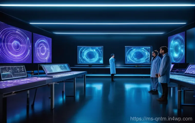 양자 컴퓨터를 이용한 데이터 분석 방법 - **Quantum Data Discovery Lab:** A highly detailed and futuristic laboratory scene. A diverse group o...