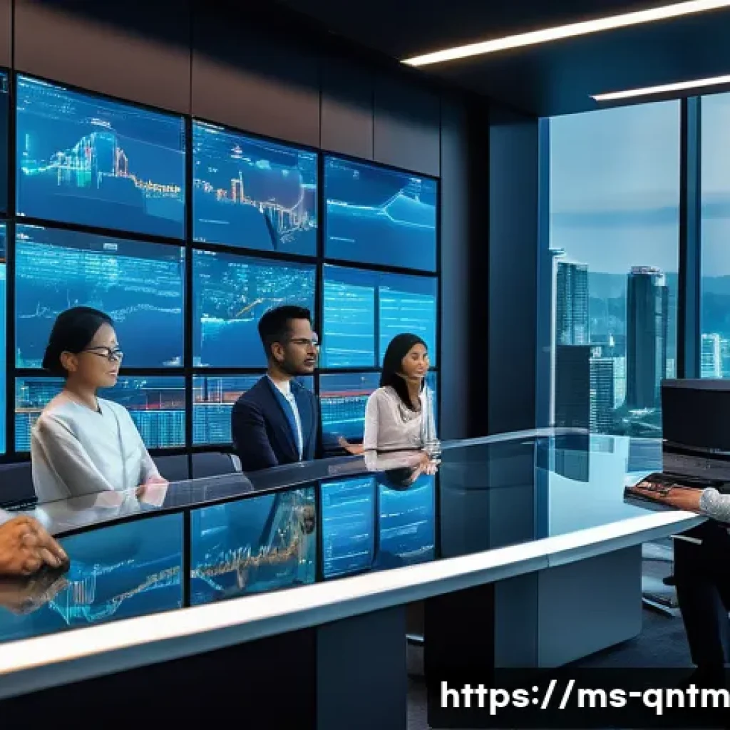 양자 알고리즘의 상용화 사례 연구 - A futuristic Malaysian financial trading room with diverse professionals analyzing quantum computing...
