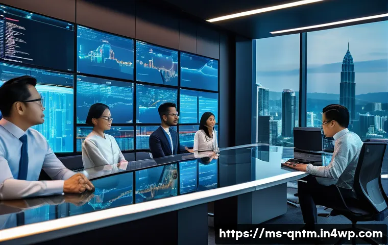 양자 알고리즘의 상용화 사례 연구 - A futuristic Malaysian financial trading room with diverse professionals analyzing quantum computing...