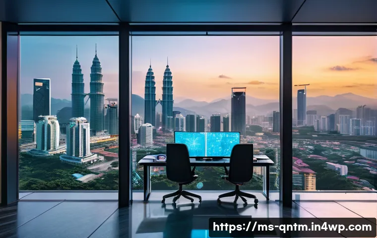 양자 통계 및 양자 기계 학습의 관계 - A futuristic Malaysian research laboratory specializing in quantum machine learning, featuring diver...