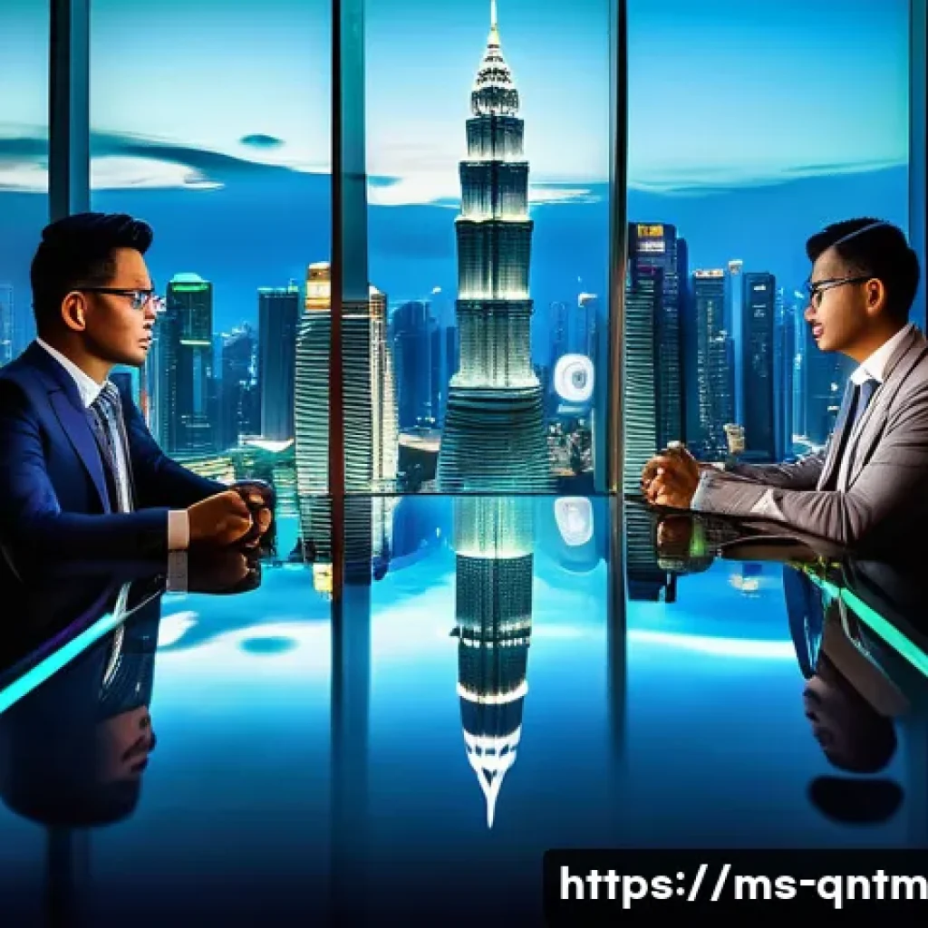양자 컴퓨팅의 윤리적 딜레마 - A futuristic Malaysian office environment showcasing diverse professionals collaborating on quantum ...