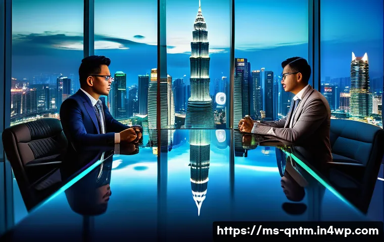 양자 컴퓨팅의 윤리적 딜레마 - A futuristic Malaysian office environment showcasing diverse professionals collaborating on quantum ...